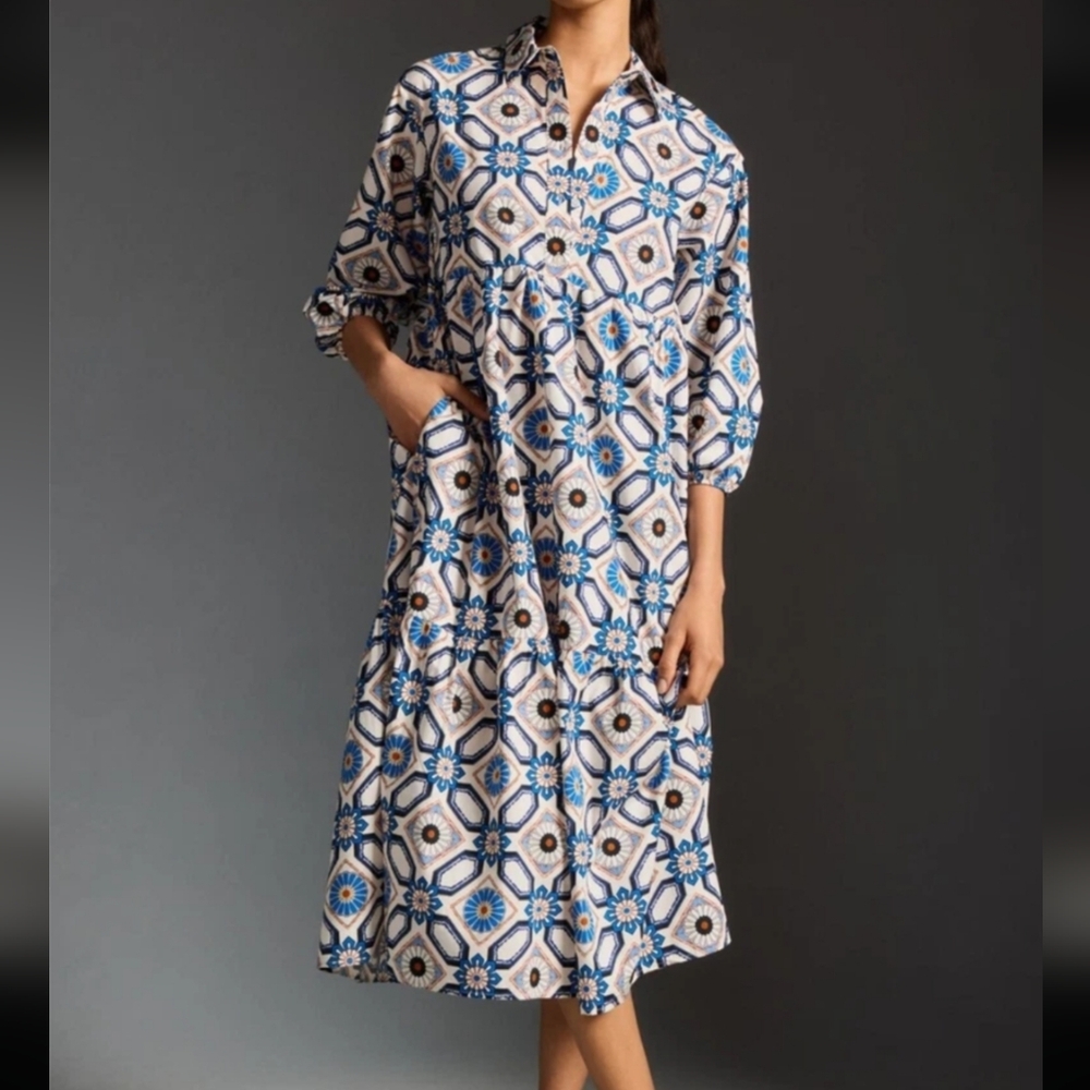 Maeve Anthropologie Blue White Pattern Midi Dress Bettina - Picture 2 of 10